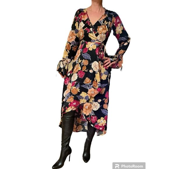 Band of the free midi floral dress faux wrap long sleeves Black berry size M - Picture 1 of 10